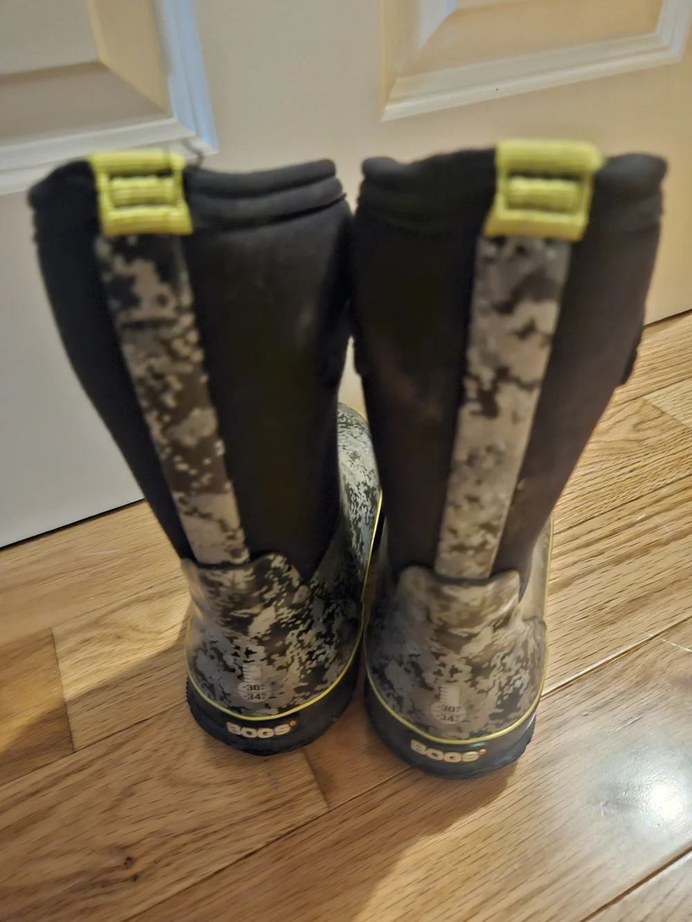 Bogs Kids Black & Gray Camo Boots with Yellow Trim